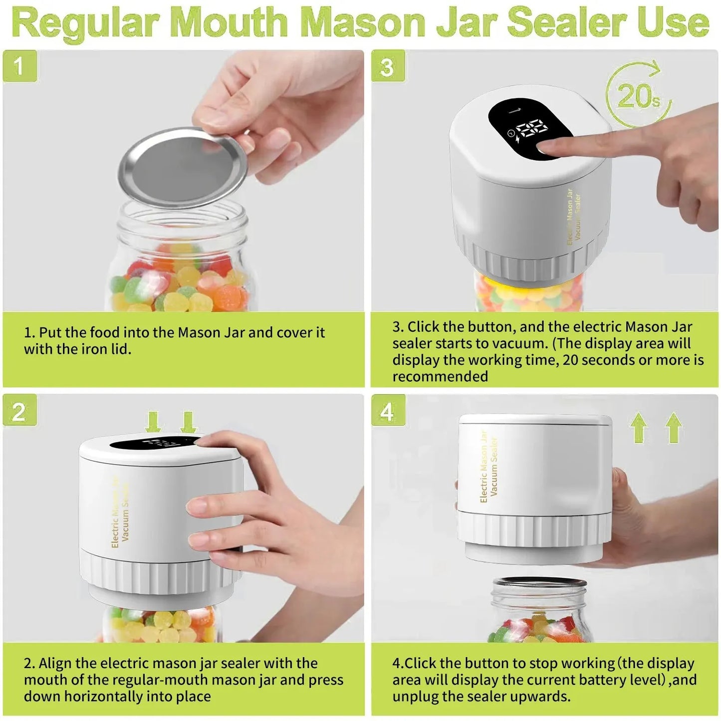 Cordless Electric Vacuum Sealer for Mason Jars - Wide and Regular Mouth Food Storage