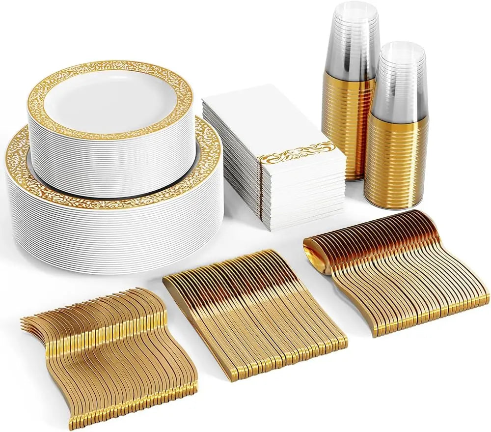 350-Piece Disposable Gold Lace Dinnerware Set for 50 Guests