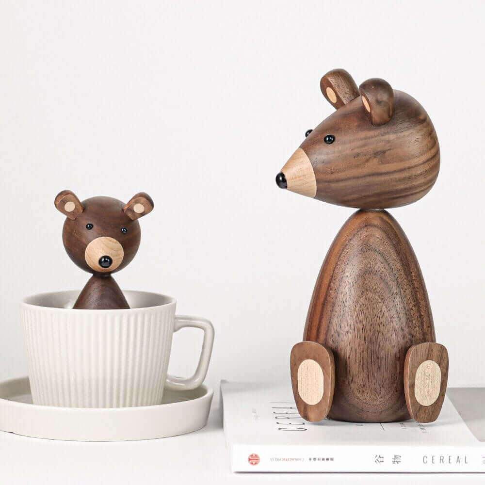 Danish Wooden Brown Bear Family Ornaments in Walnut and Beech
