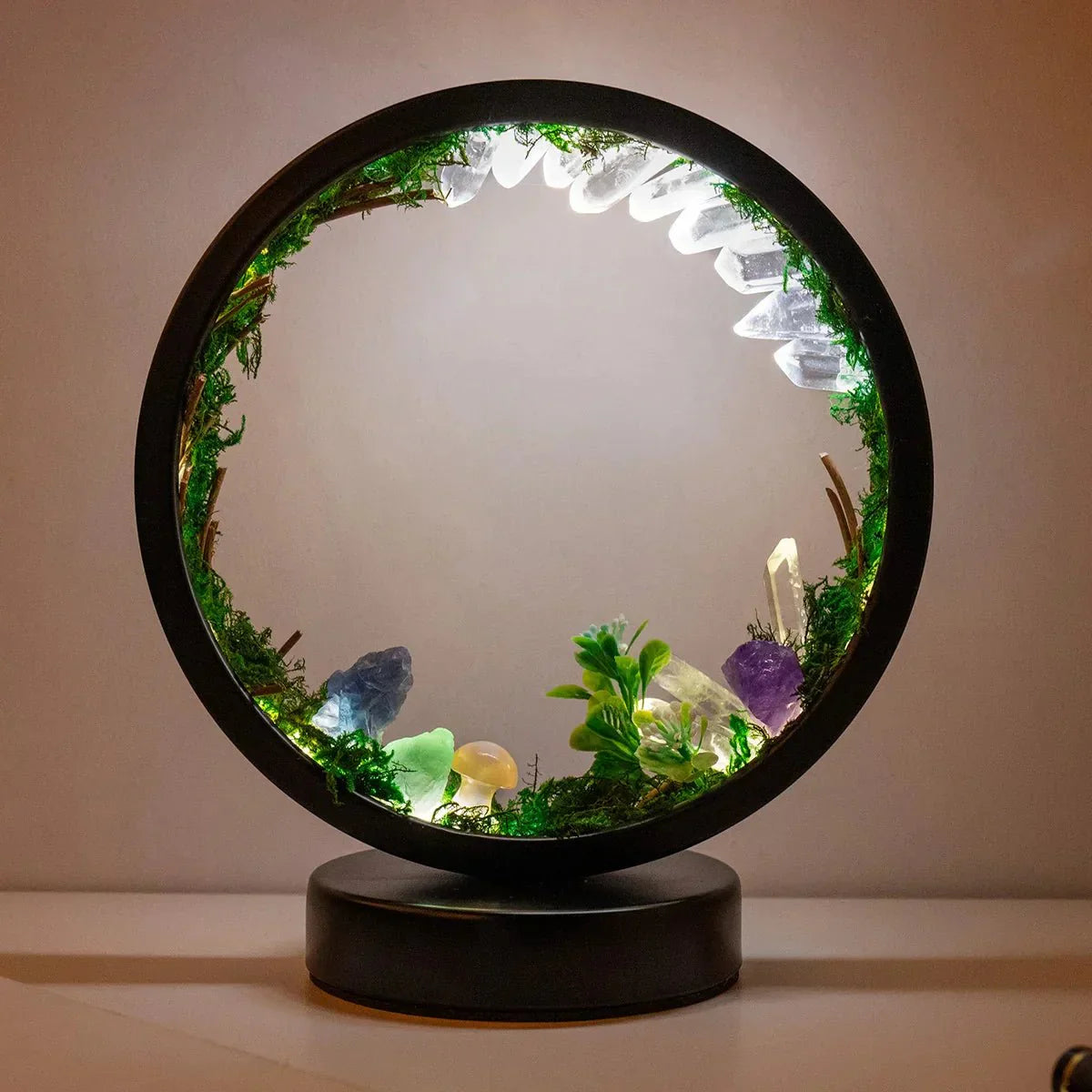 Elegant Round Night Lamp with Green Crystals and Plants