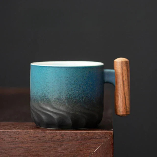 Ceramic Espresso Cup with Wooden Handle - 2.7 oz Artisan Mug