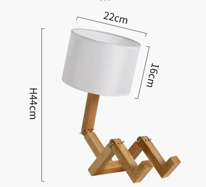 Wooden Robot Table Lamp with LED Light and Fabric Shade