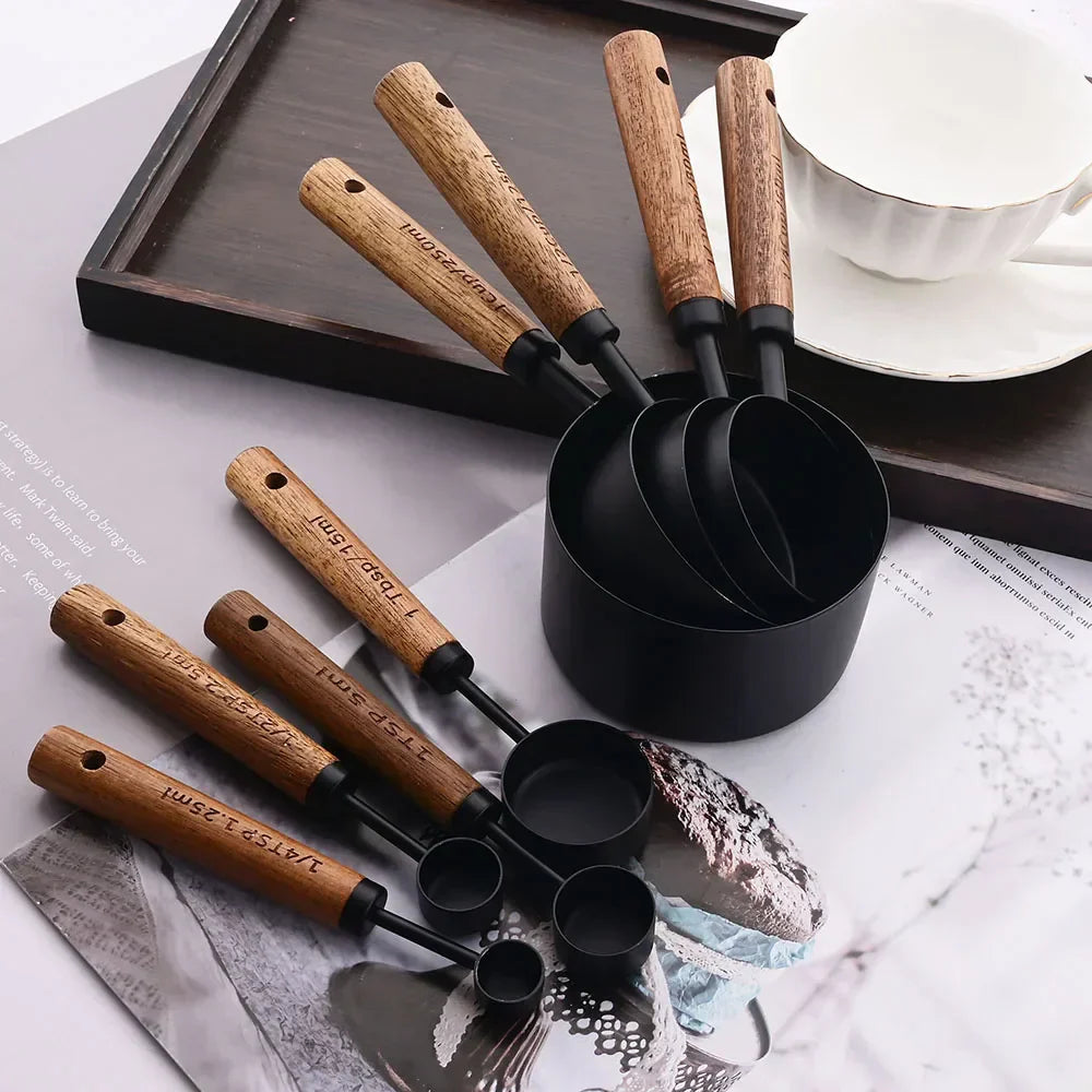 Stainless Steel Measuring Cups and Spoons Set with Wooden Handles