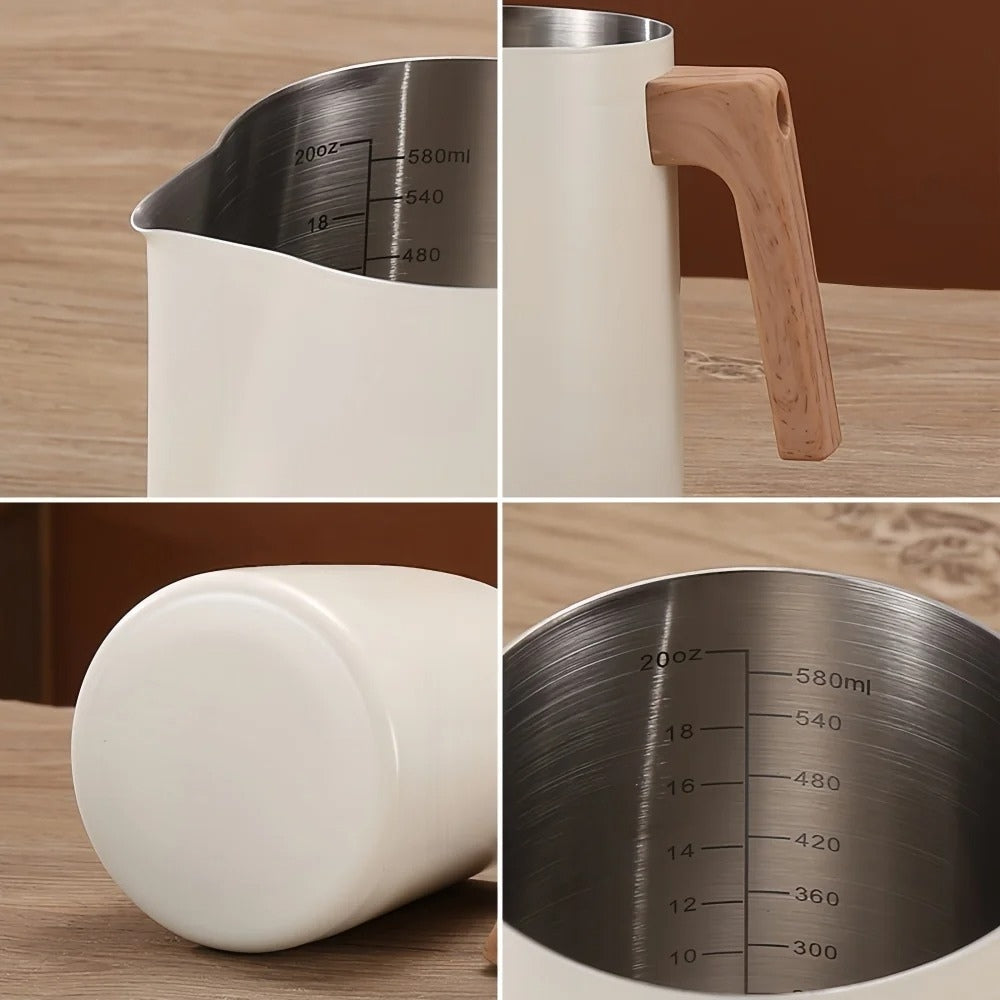 Scandinavian Stainless Steel Milk Frothing Pitcher with Wood Handle
