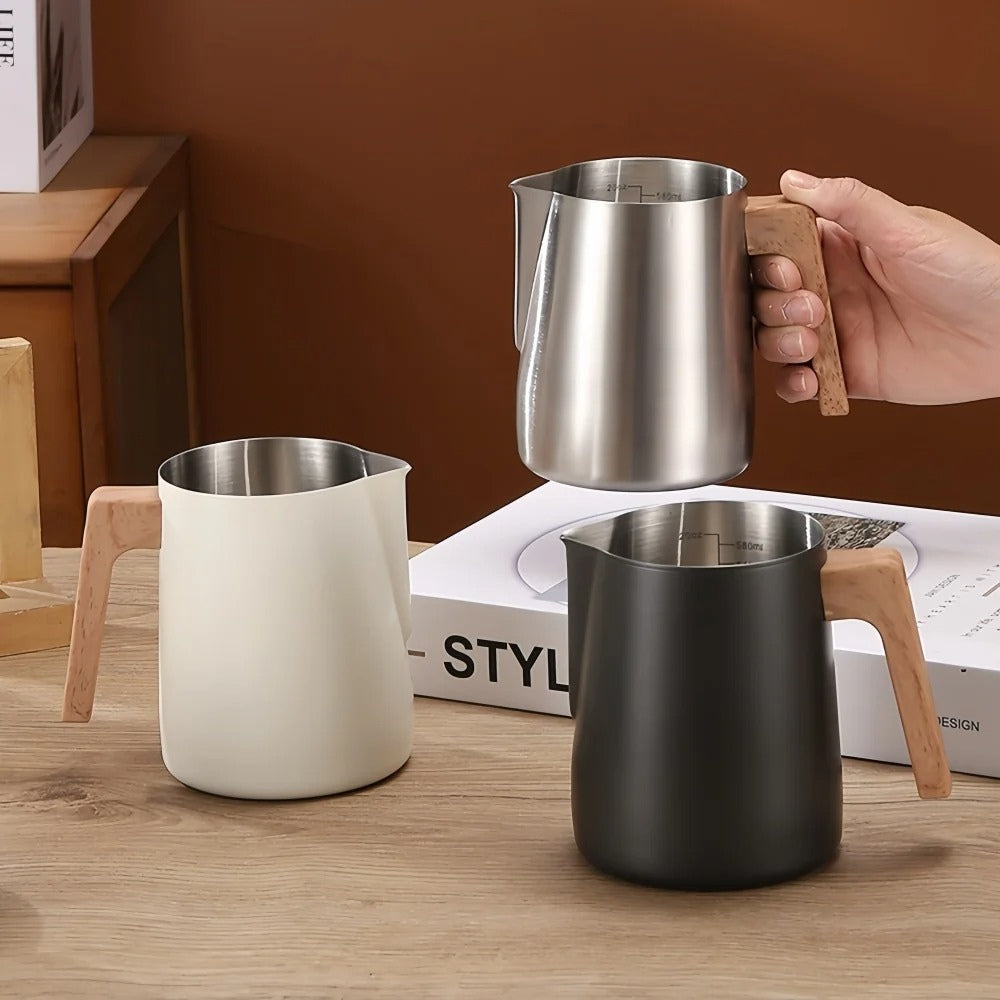 Scandinavian Stainless Steel Milk Frothing Pitcher with Wood Handle