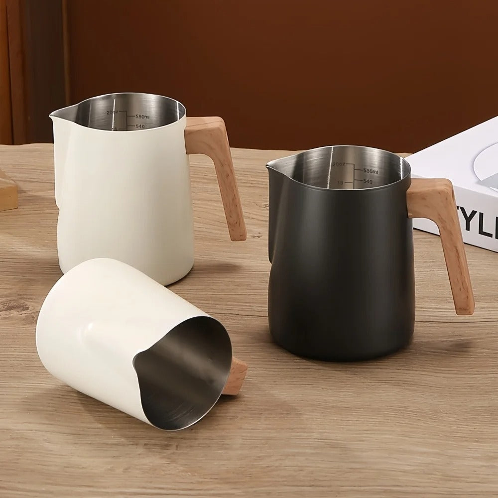 Scandinavian Stainless Steel Milk Frothing Pitcher with Wood Handle