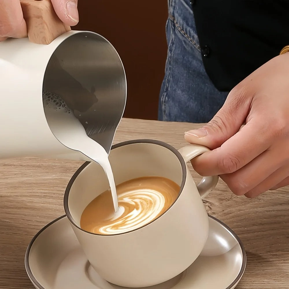 Scandinavian Stainless Steel Milk Frothing Pitcher with Wood Handle