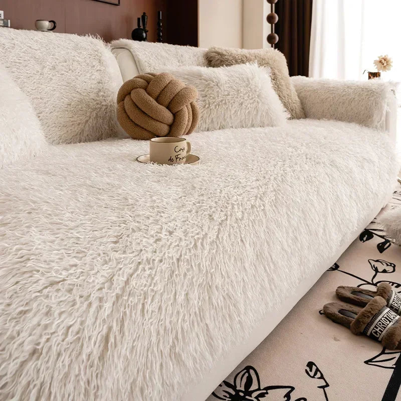 Stretchable Faux Lambswool Sofa Cover with Pet Protection and Machine Washable Fabric