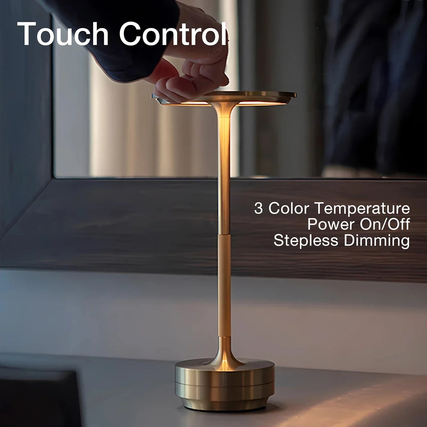 Cordless Rechargeable Touch Control Table Lamp with Dimmable LED and Stainless Steel Finish