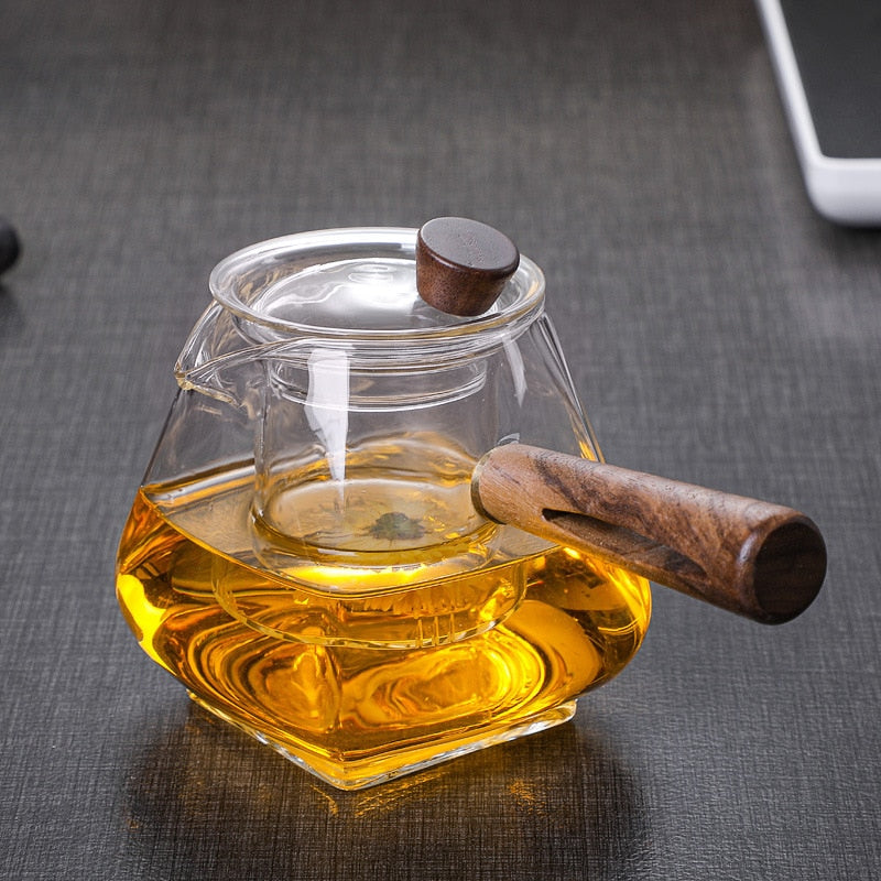 Japanese Glass Teapot with Wooden Handle, 700ml Heat-Resistant Tea Maker