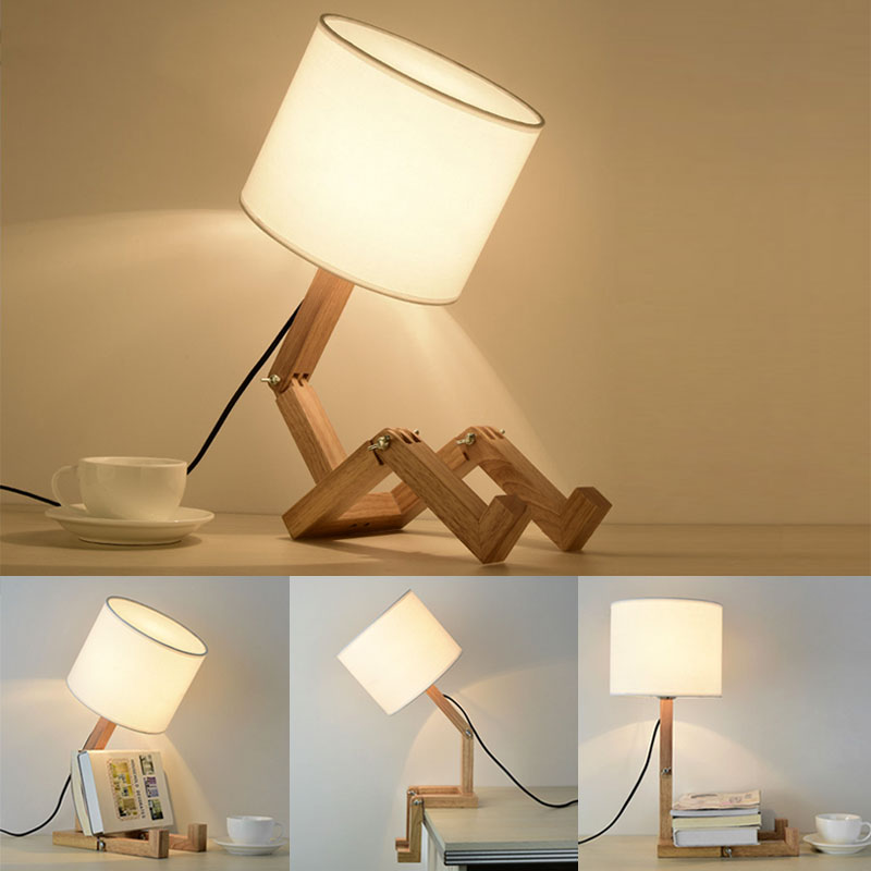 Wooden Robot Desk Lamp with LED Bulbs