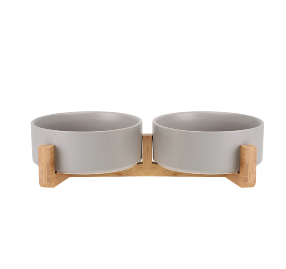 Ceramic Pet Feeding Bowl with Bamboo Base