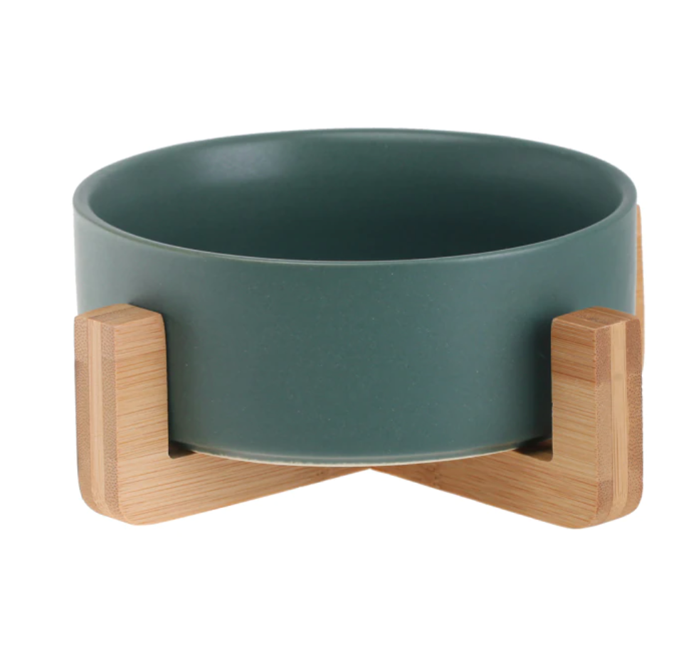 Ceramic Pet Feeding Bowl with Bamboo Base
