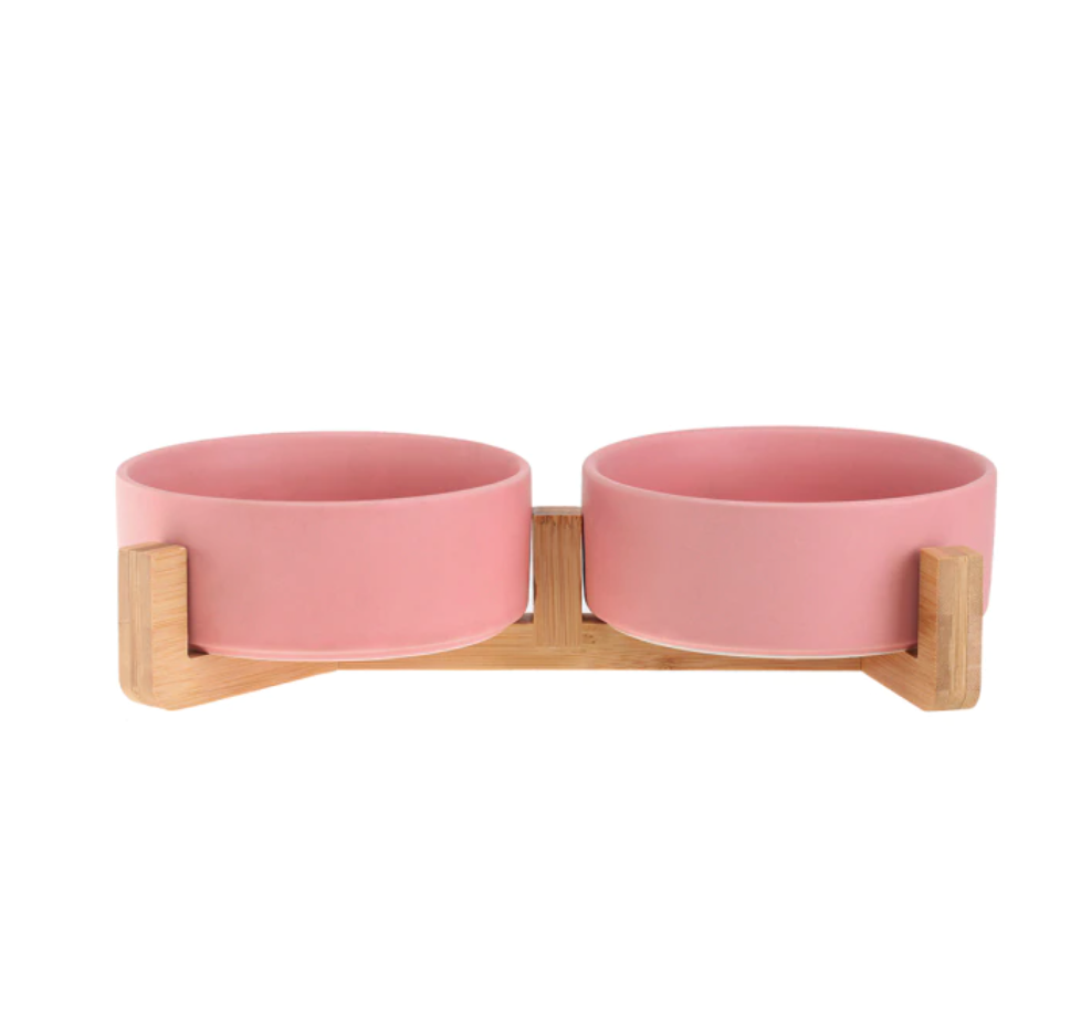 Ceramic Pet Feeding Bowl with Bamboo Base