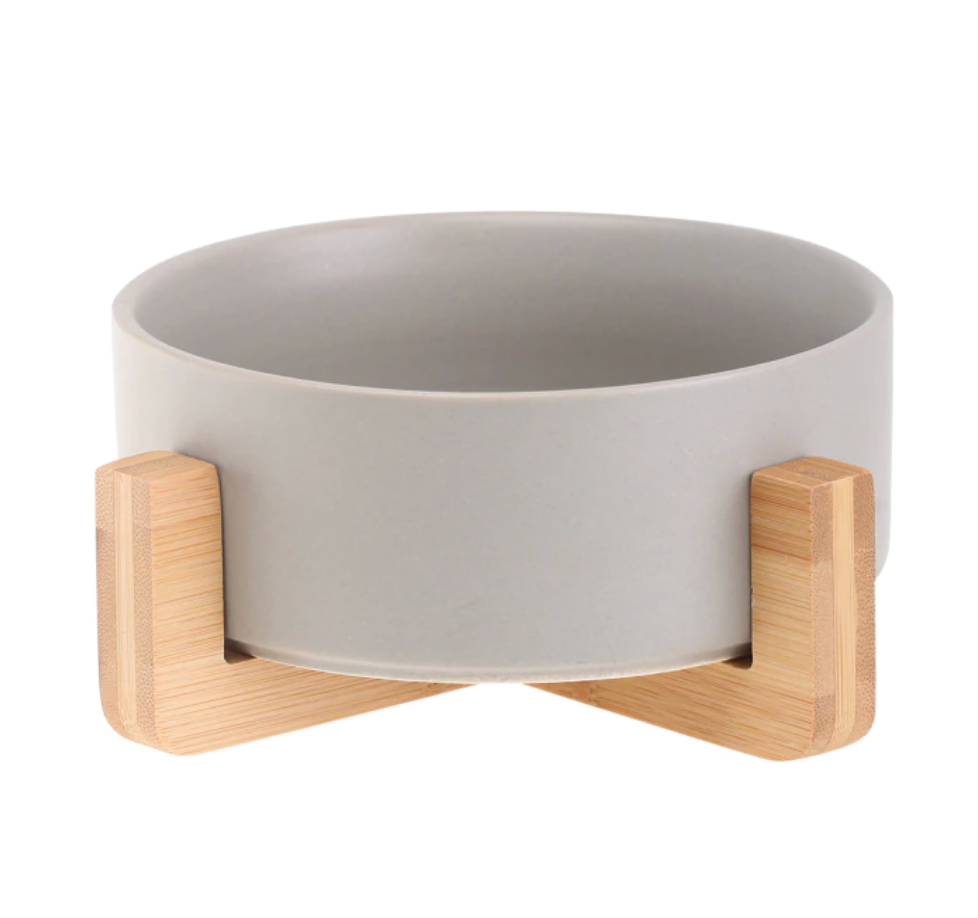 Ceramic Pet Feeding Bowl with Bamboo Base