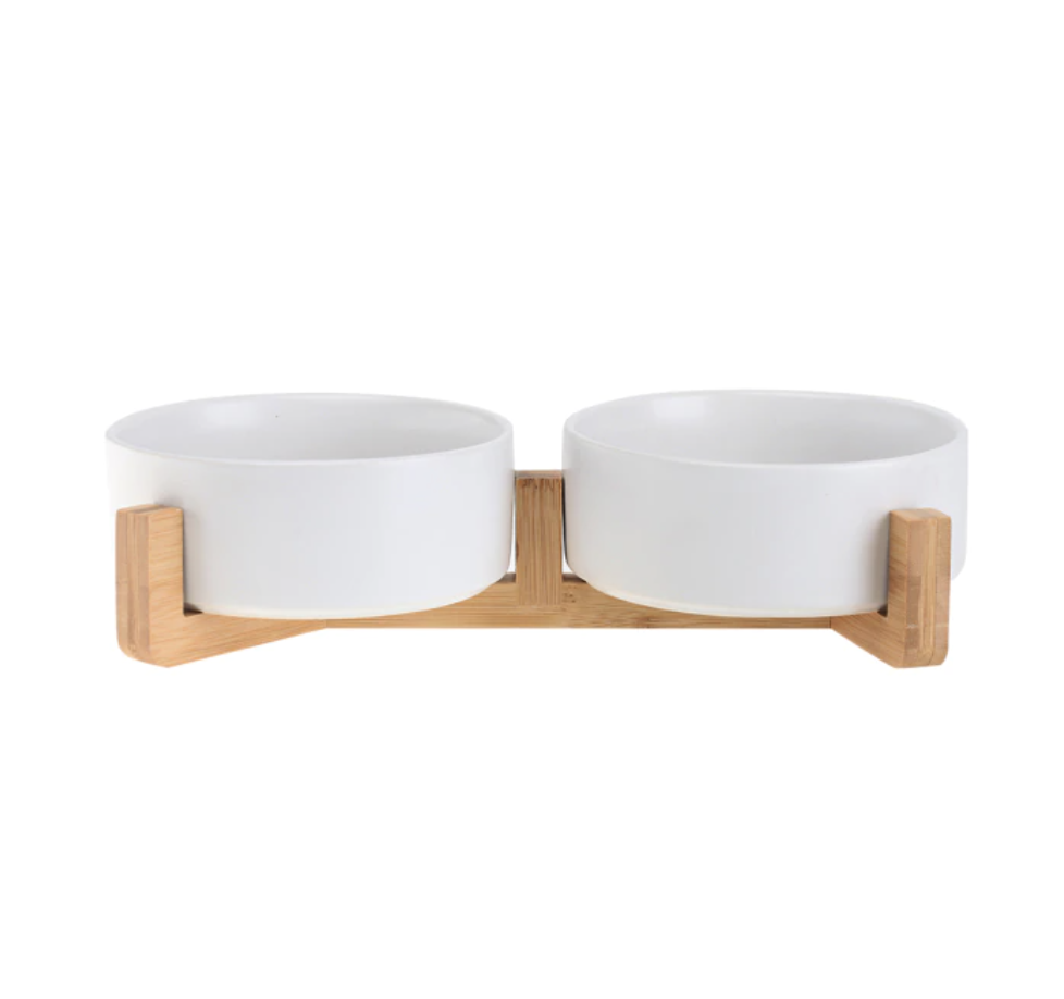 Ceramic Pet Feeding Bowl with Bamboo Base