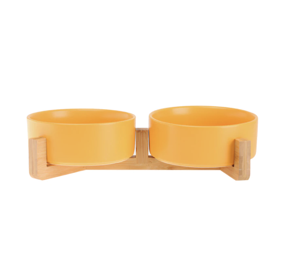 Ceramic Pet Feeding Bowl with Bamboo Base
