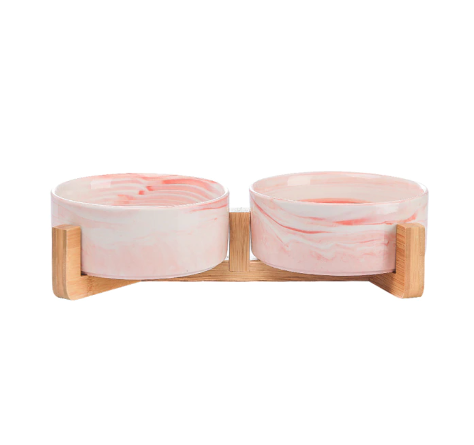 Ceramic Pet Feeding Bowl with Bamboo Base