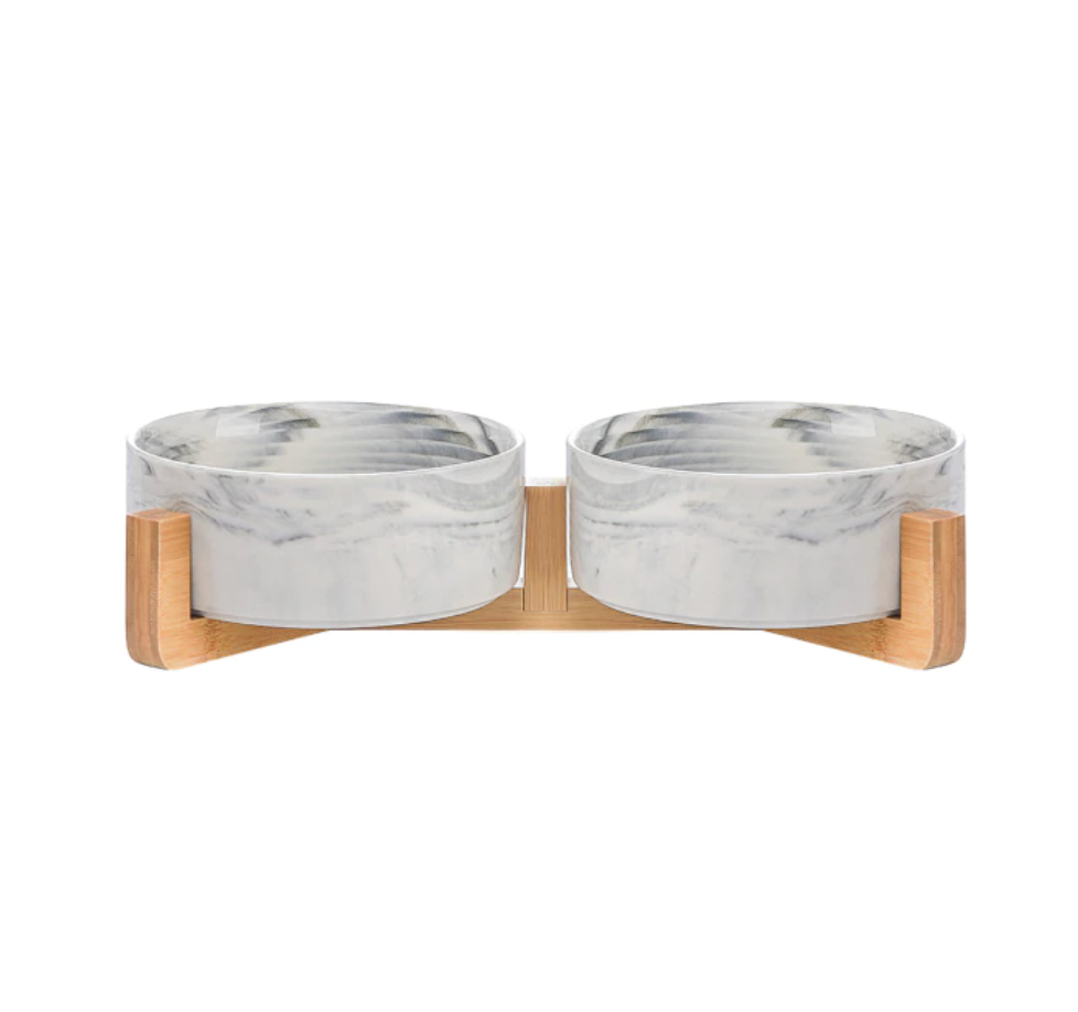 Ceramic Pet Feeding Bowl with Bamboo Base