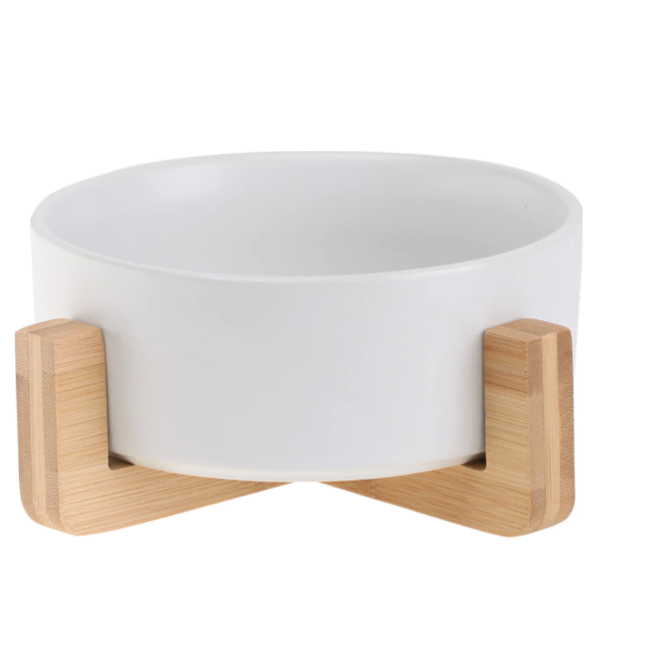 Ceramic Pet Feeding Bowl with Bamboo Base