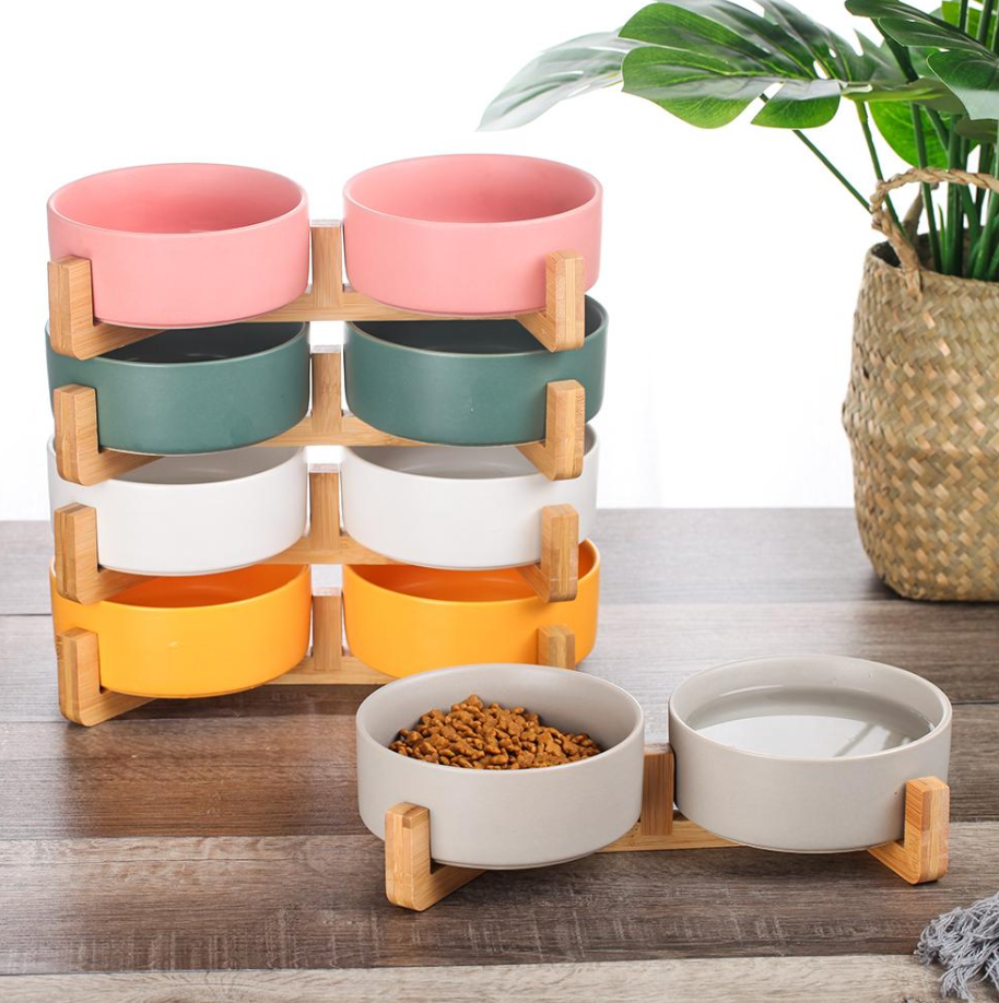 Ceramic Pet Feeding Bowl with Bamboo Base