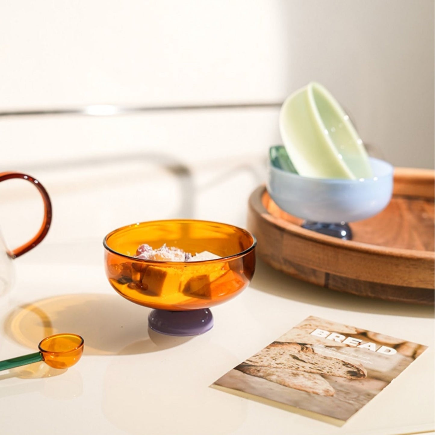 Colorful Borosilicate Glass Dessert Bowl with Spoon