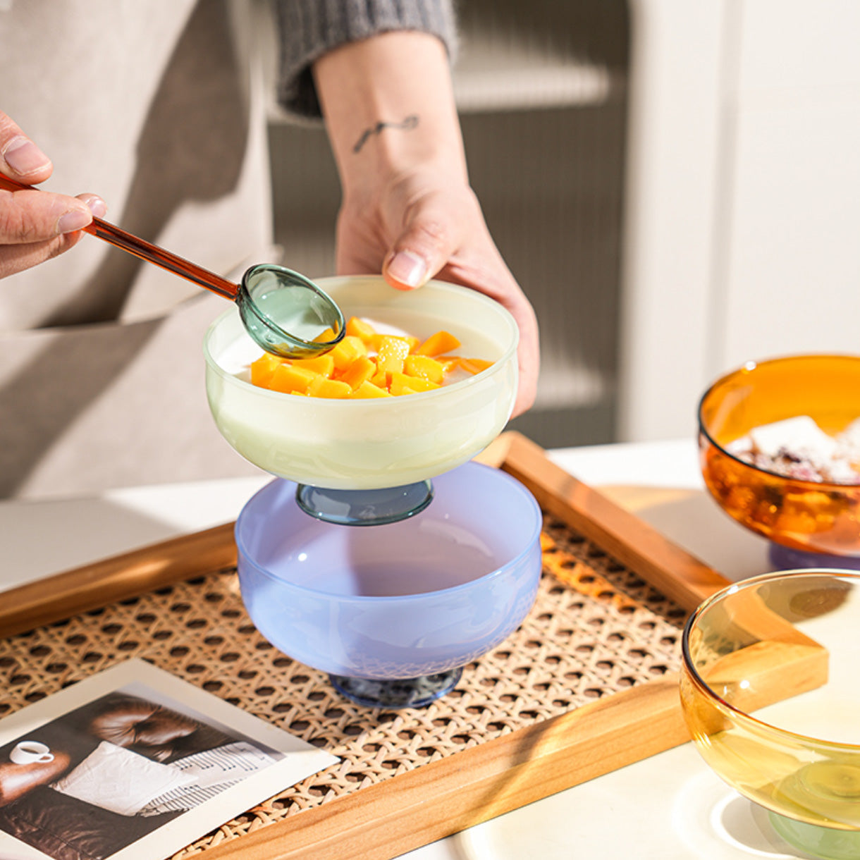Colorful Borosilicate Glass Dessert Bowl with Spoon