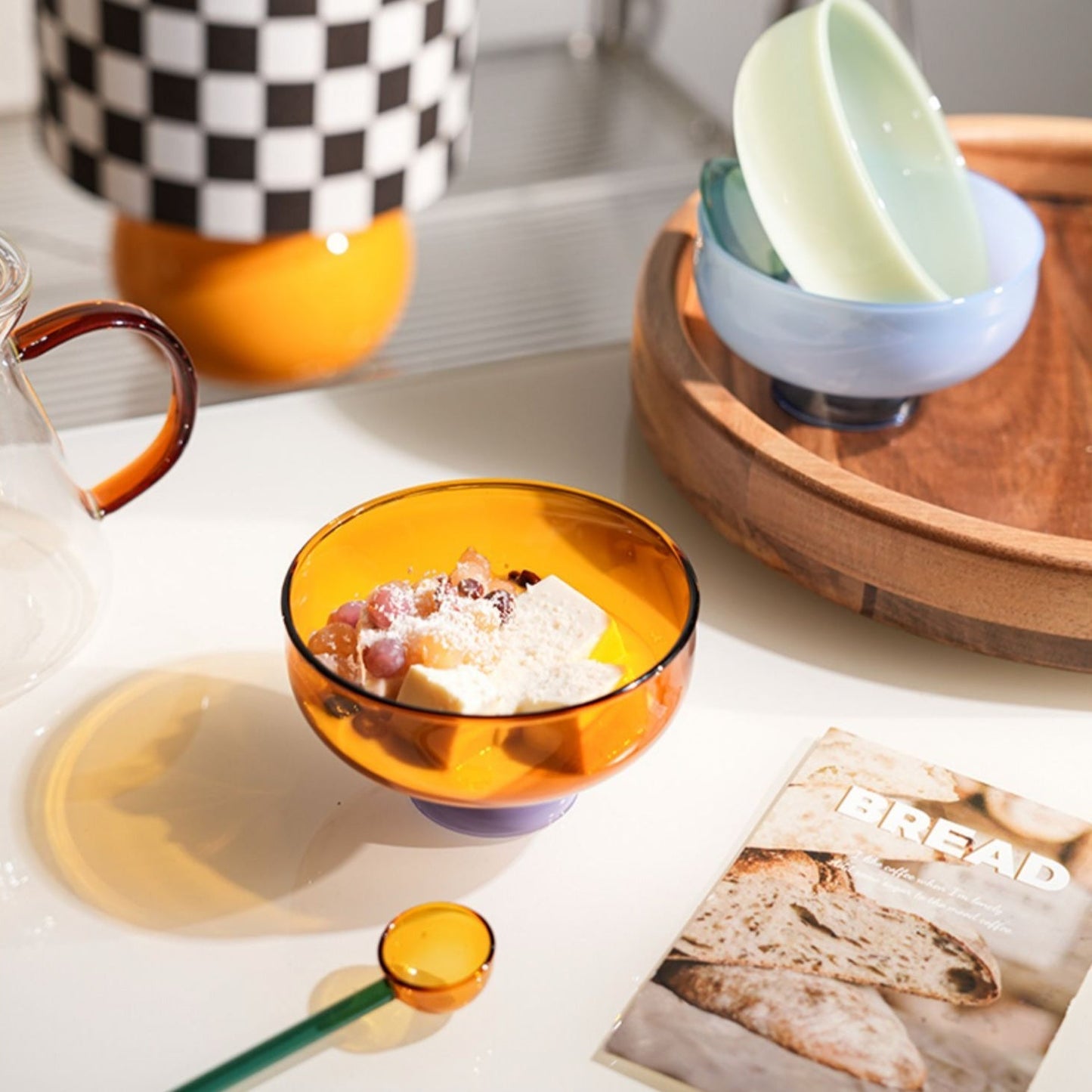 Colorful Borosilicate Glass Dessert Bowl with Spoon