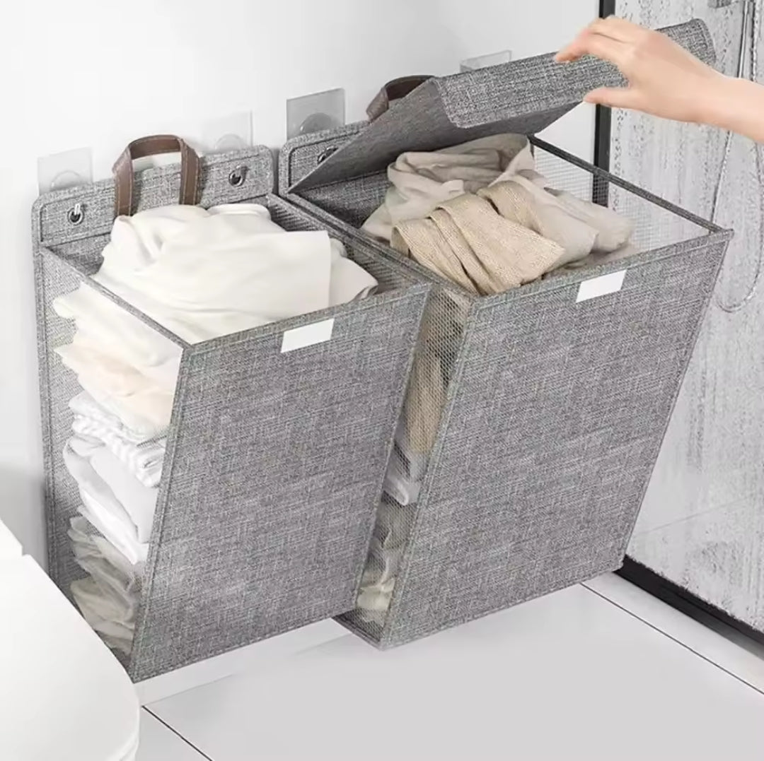 Wall-Mounted Foldable Laundry Basket in Grey or Beige