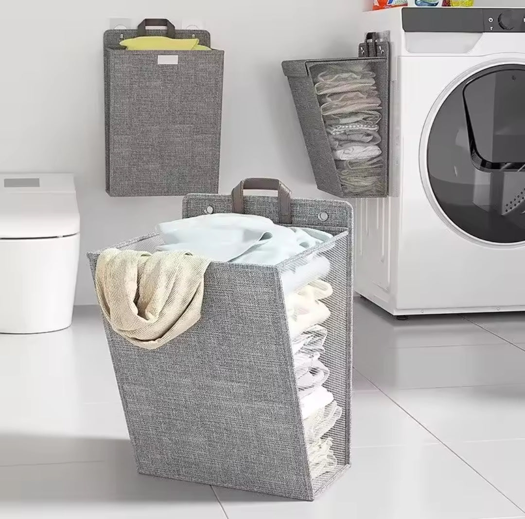 Wall-Mounted Foldable Laundry Basket in Grey or Beige