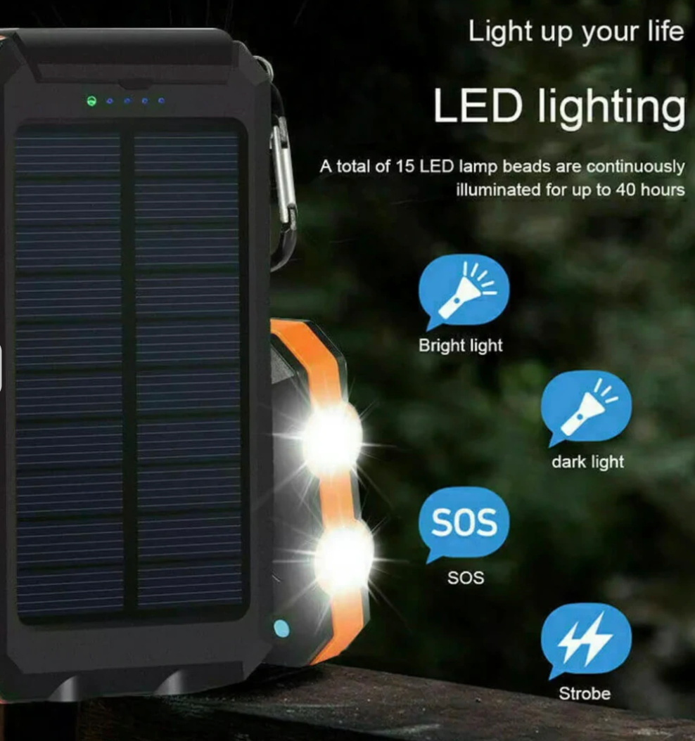 Solar Power Bank with Dual USB Ports and LED Flashlight