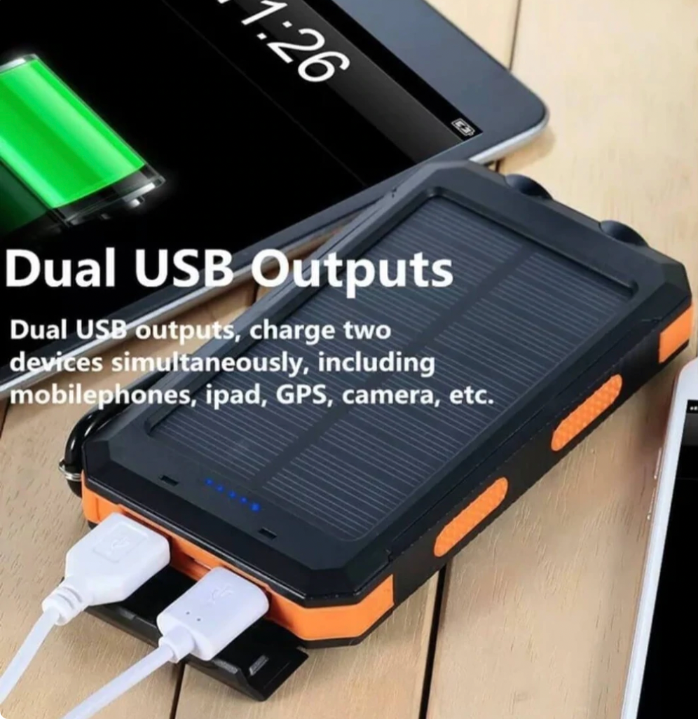 Solar Power Bank with Dual USB Ports and LED Flashlight