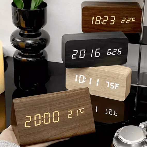 Wood LED Digital Alarm Clock with Voice Activation