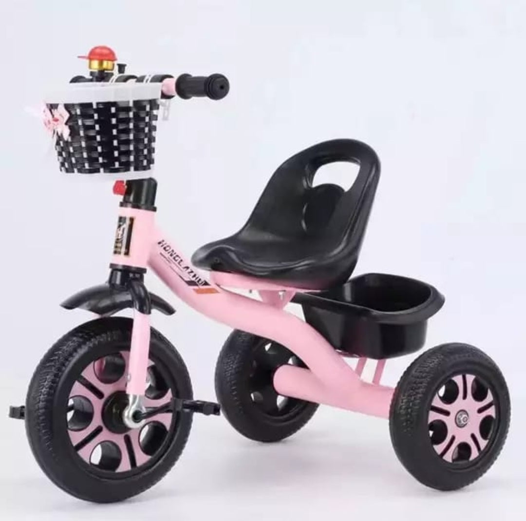 Kids Tricycle with Backrest, Front Basket, and Rear Storage Tray