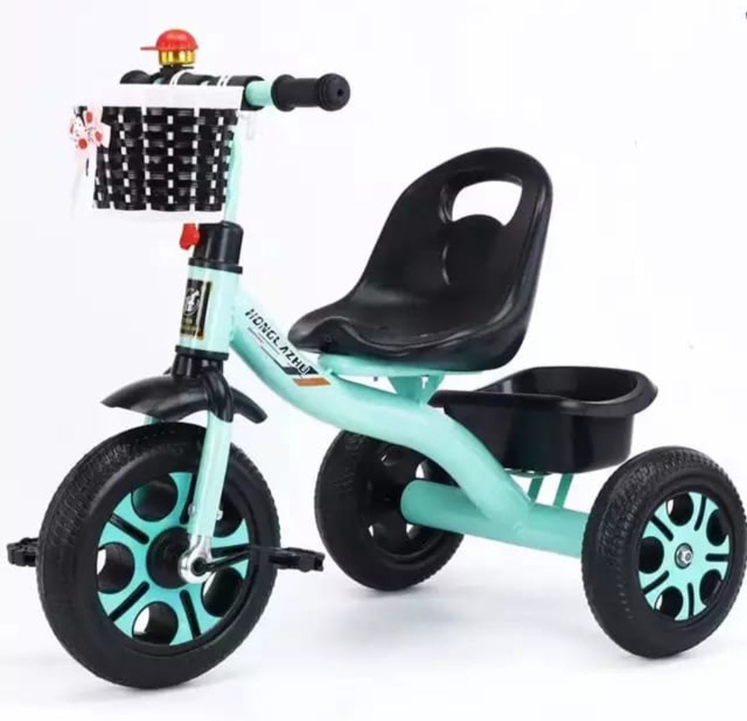 Kids Tricycle with Backrest, Front Basket, and Rear Storage Tray