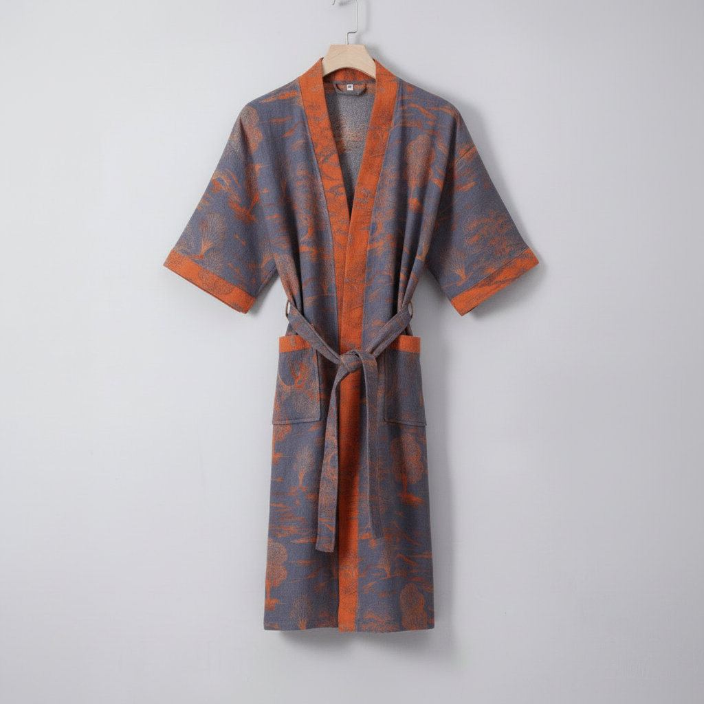 Organic Cotton Kimono Bathrobe with Ginkgo Leaf Design