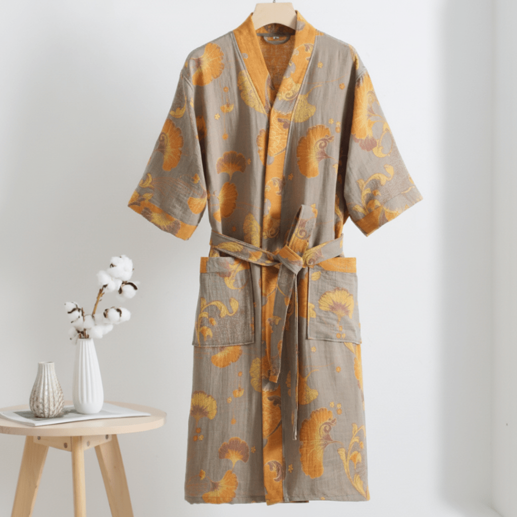 Organic Cotton Kimono Bathrobe with Ginkgo Leaf Design