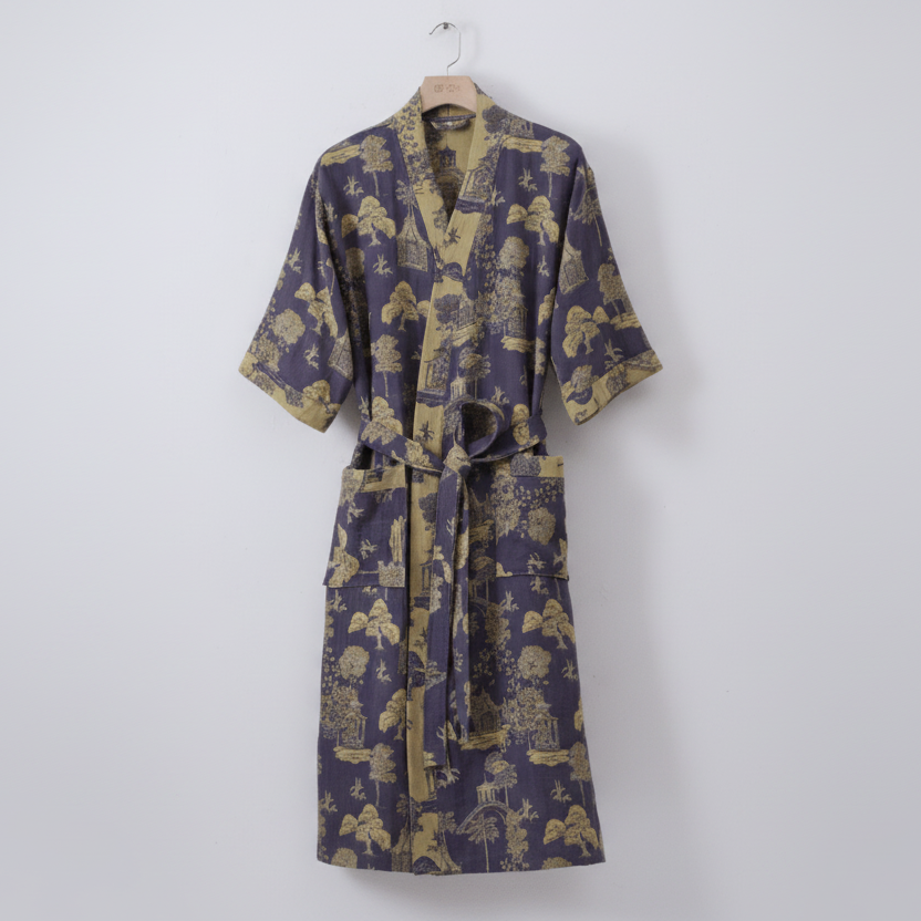 Organic Cotton Kimono Bathrobe with Ginkgo Leaf Design