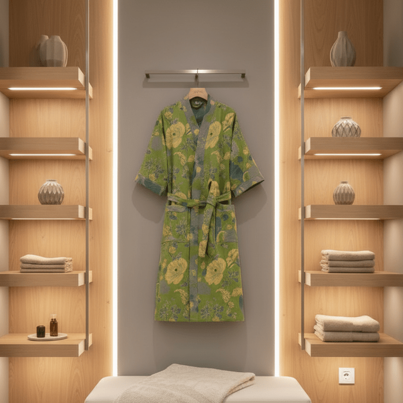 Organic Cotton Kimono Bathrobe with Ginkgo Leaf Design