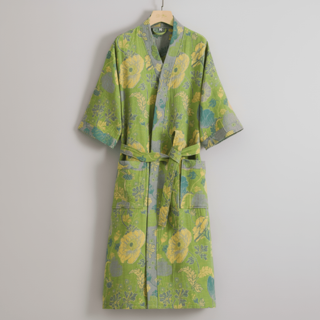 Organic Cotton Kimono Bathrobe with Ginkgo Leaf Design