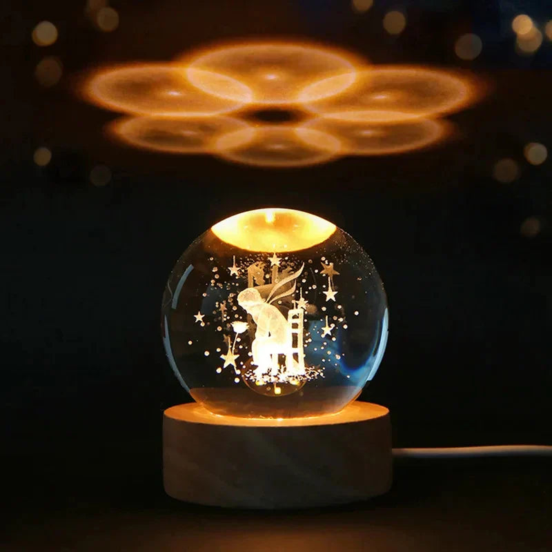 3D Crystal Starry Sky Projector Night Light with Wooden Base