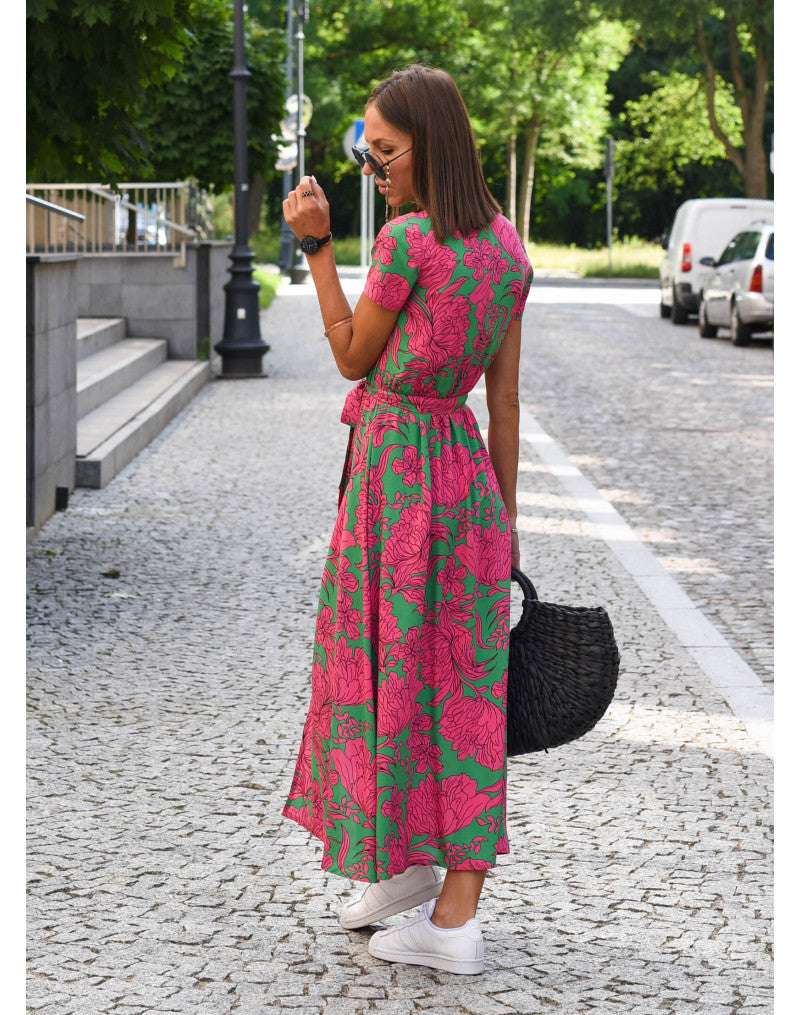 Light Floral Summer Midi Dress with Belt and Slit