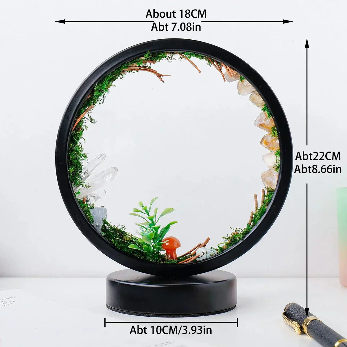 Elegant Round Night Lamp with Green Crystals and Plants