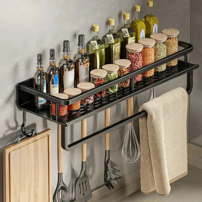 Sleek Black Aluminum Wall Shelf for Kitchen Organization
