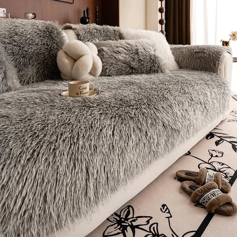 Stretchable Faux Lambswool Sofa Cover with Pet Protection and Machine Washable Fabric