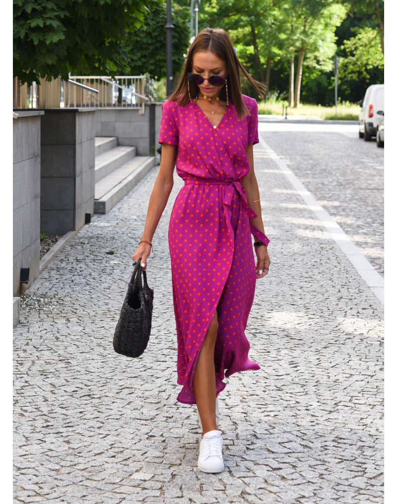 Light Floral Summer Midi Dress with Belt and Slit