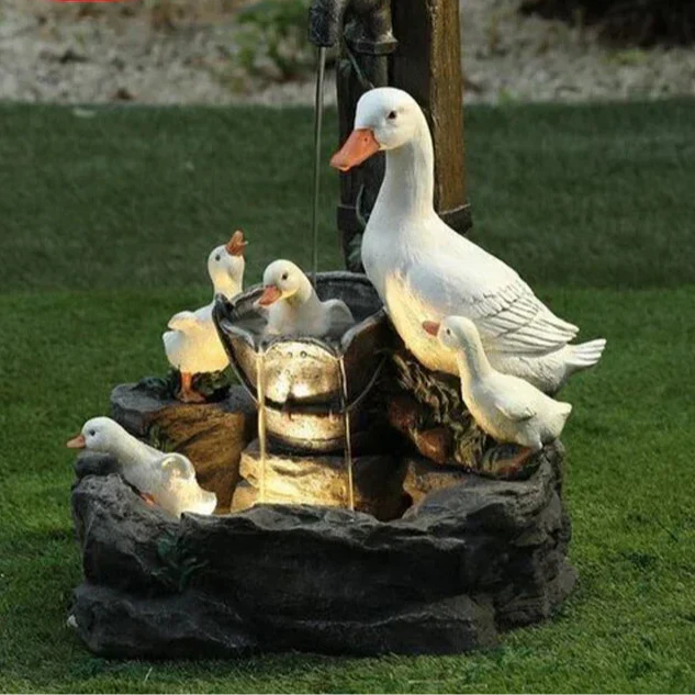 Solar Duck and Squirrel Fountain with LED Light - Weatherproof Resin Garden Decor