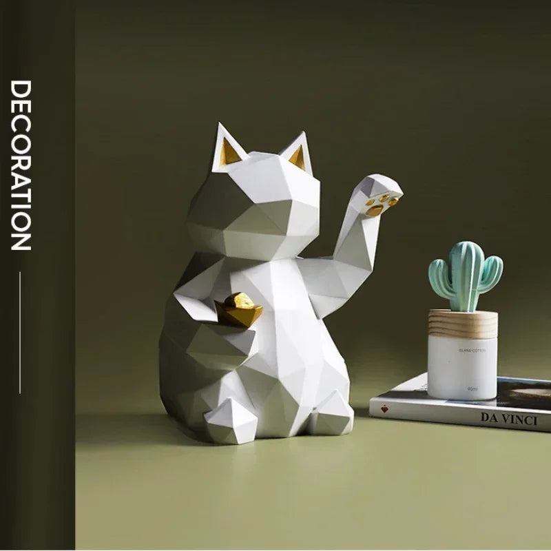Geometric Lucky Cat Figurines in Red and White Resin