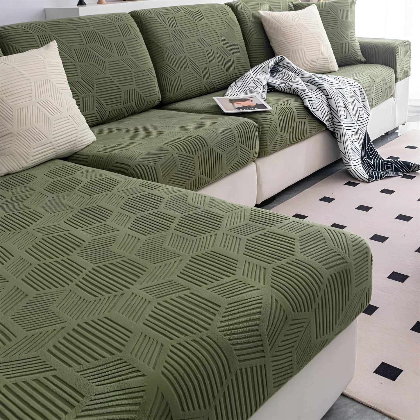 Geometric Jacquard Sofa Cover - Soft, Pet-Friendly, 360° Protection