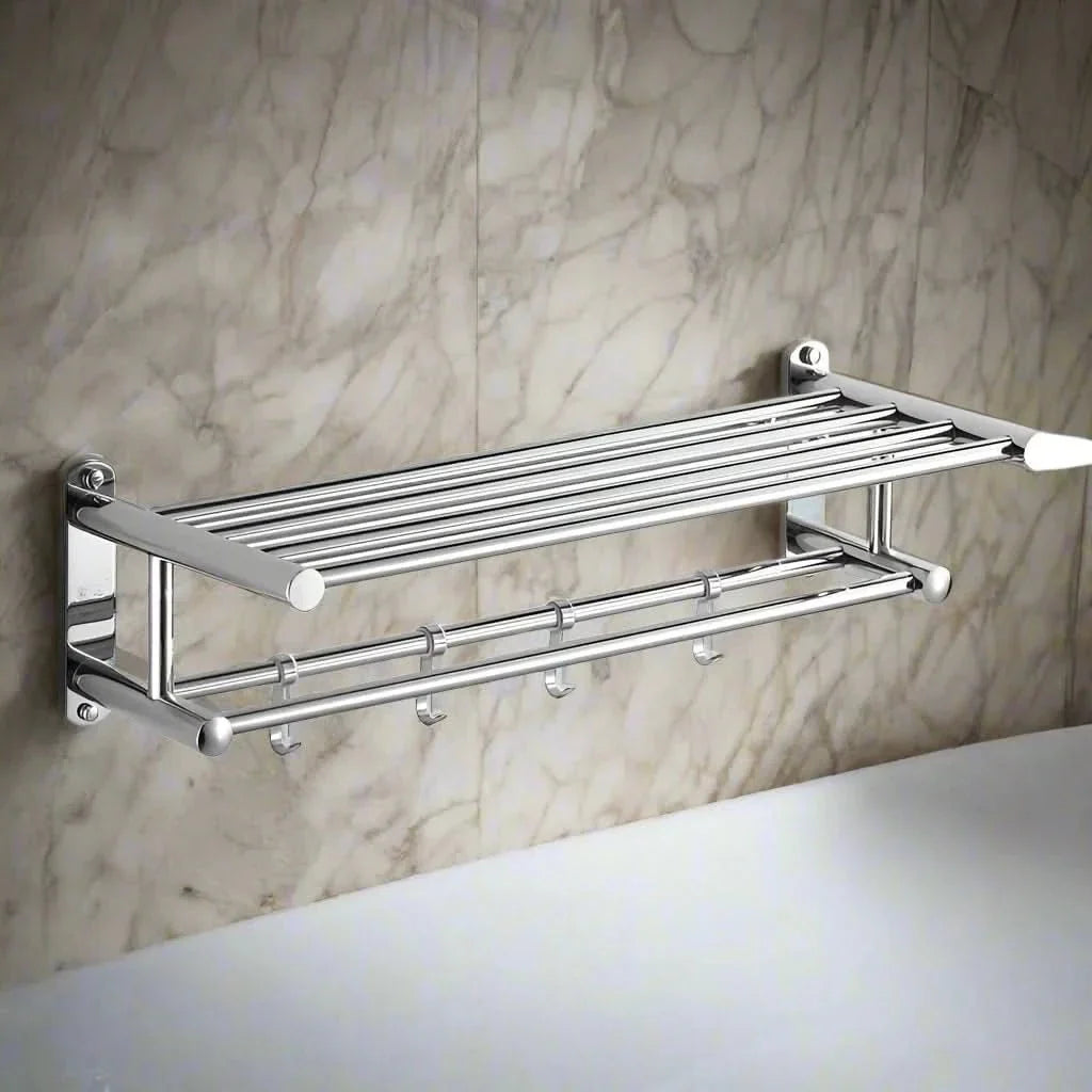 Stainless Steel Wall-Mounted Towel Rack with Shelf and Hanging Bar